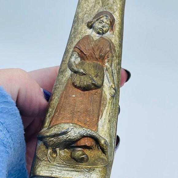 Vintage Slender Brass Bronze Metal Triangular Bud Vase Decor Woman w/ Goose - Picture 1 of 8